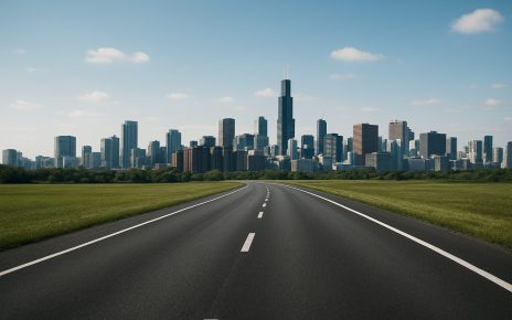 A clear road leading towards a modern city skyline under a blue sky