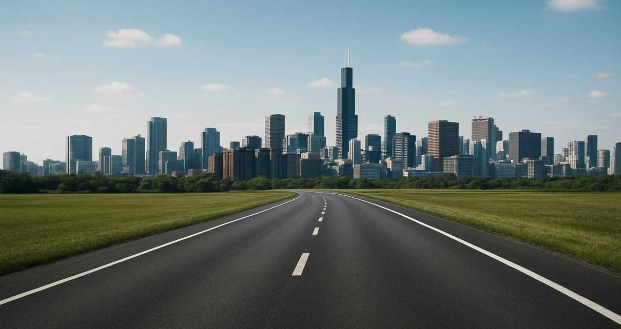 A clear road leading towards a modern city skyline under a blue sky