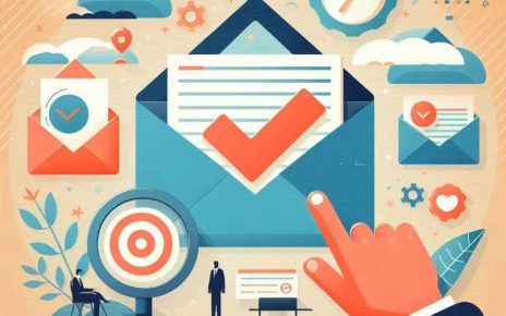 Colorful illustration depicting email communication, featuring an envelope, checkmark, and symbolic elements related to