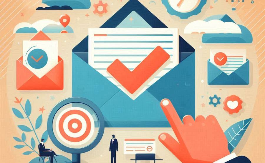 Colorful illustration depicting email communication, featuring an envelope, checkmark, and symbolic elements related to