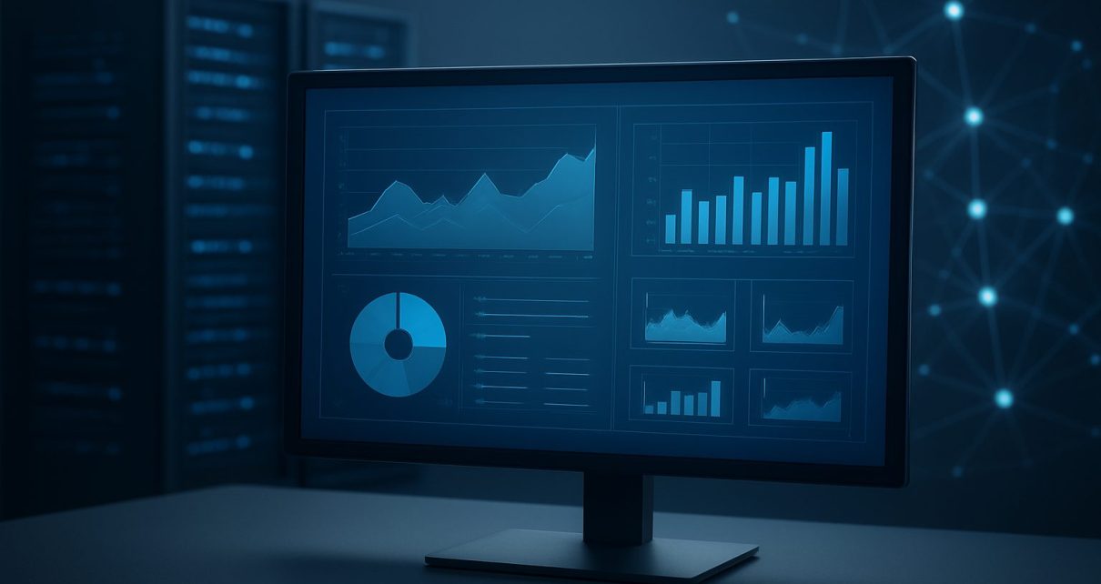 A darkened room with a computer monitor displaying various graphs and data visualizations related to performance metrics