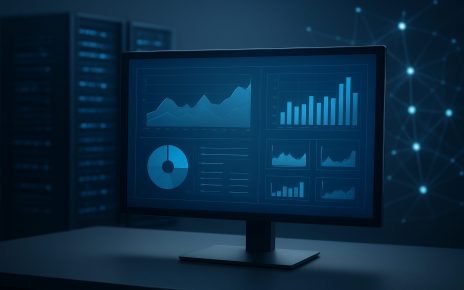 A darkened room with a computer monitor displaying various graphs and data visualizations related to performance metrics