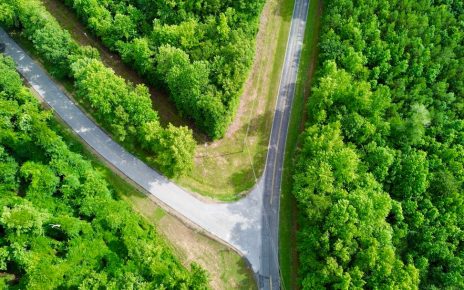 Aerial view of a fork in the road surrounded by lush greenery, symbolizing choices and adaptability.