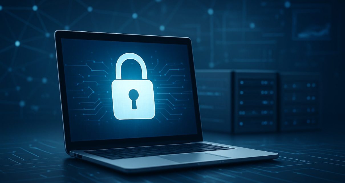 A laptop displaying a digital padlock on a blue background with circuit patterns, symbolizing cybersecurity and wallet p
